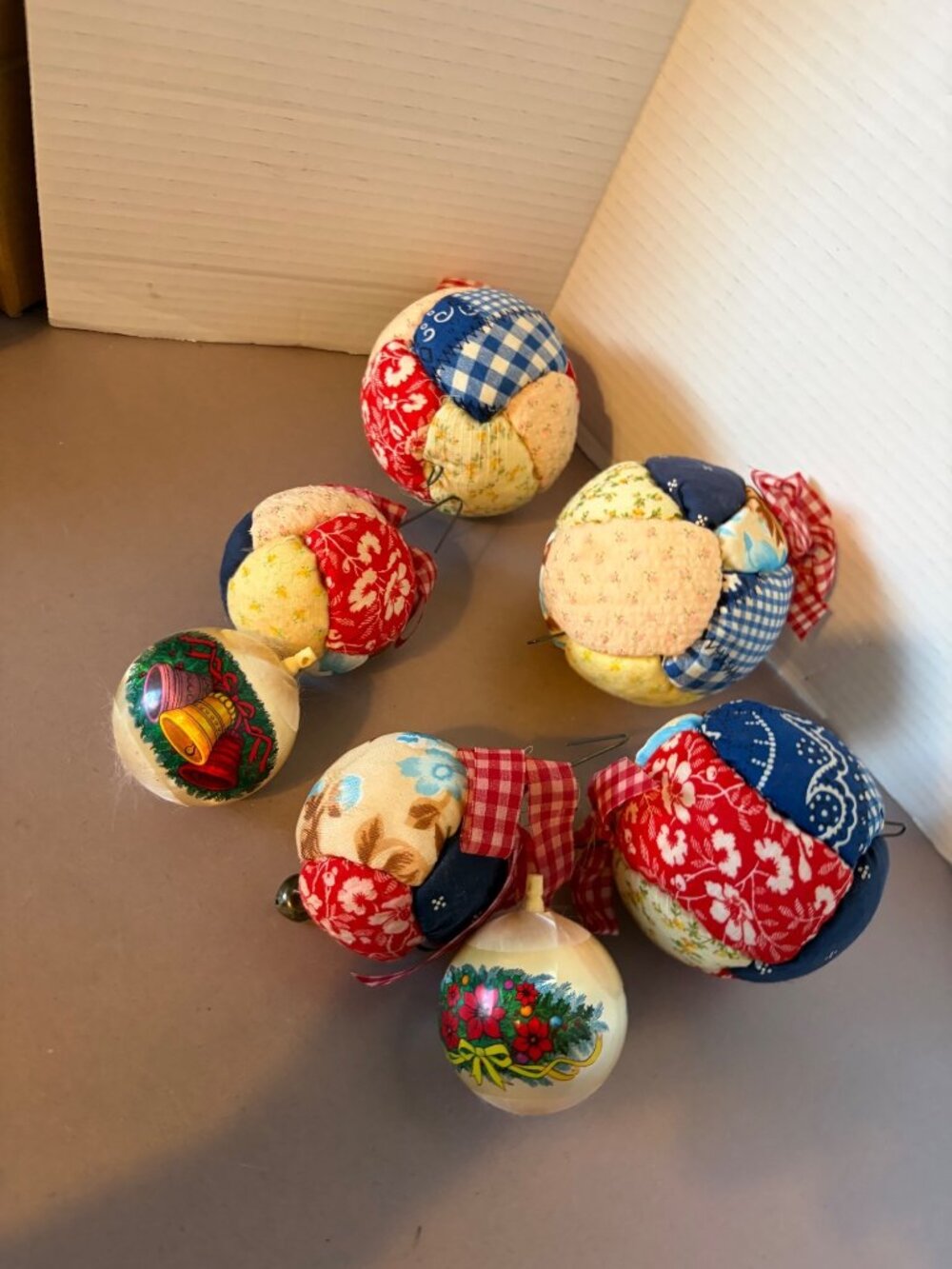 Handmade Vintage Patchwork Fabric Christmas Ornaments Set Of 6 With Bells & Ribb